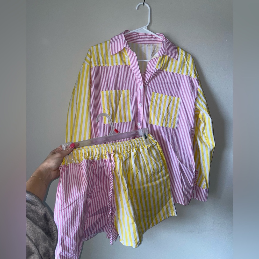 Pink Yellow and White Stripped Button Down and Shorts Set